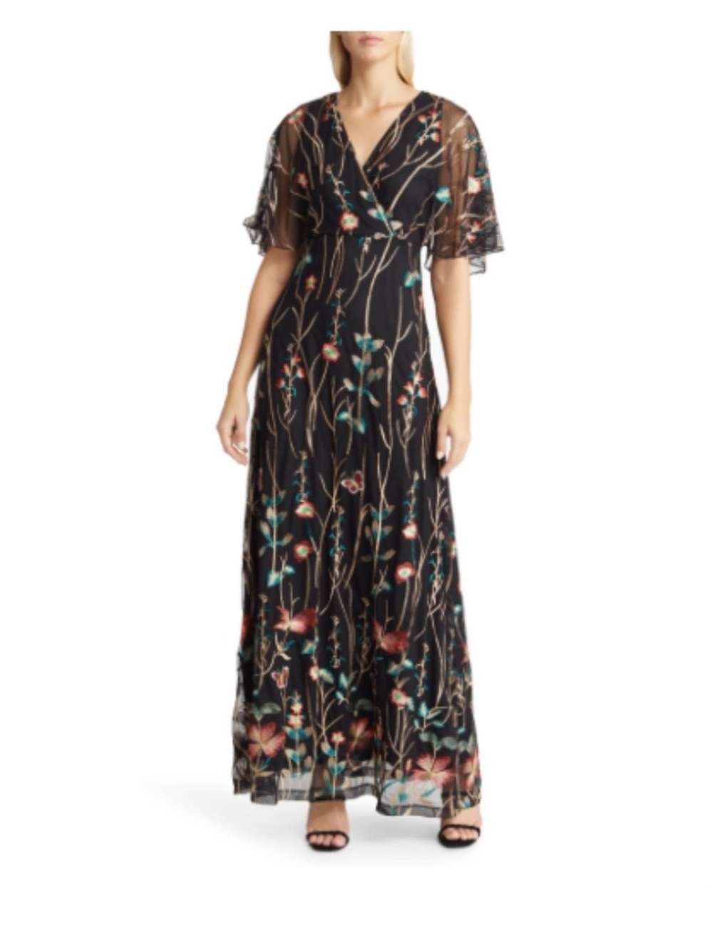 Kiyonna Black Maxi Dress with Teal and Rust Floral Embroidery